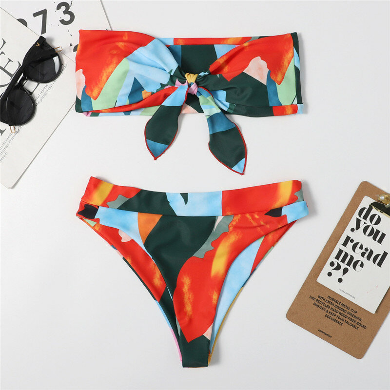 Mossha-bikini brasileño de cintura alta para mujer, traje de baño de banda con nudo, Bañador estampado de bloque de color, ropa de baño Sexy de realce, ropa de playa 2021