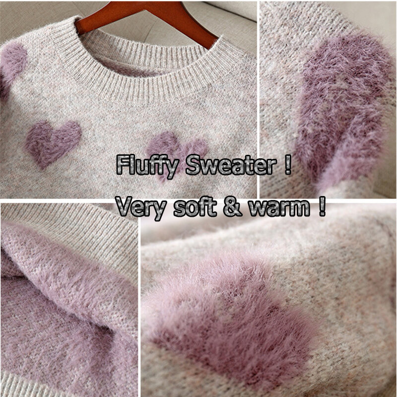 Jantung Pola Rajutan Pullover Besar Sweater Wanita Jumper 2021 Musim Dingin Lembut & Manis Hangat Lengan Panjang Fluffy Pakaian Rajut Wanita C-030
