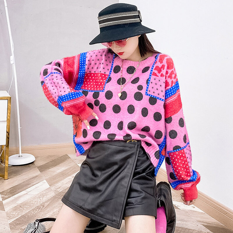 Women Sweater Cute Dots Printing Knit Pullover O-Neck Casual Mohair Fall Winter Loose Warm Lantern Long Sleeve Female C-343-1
