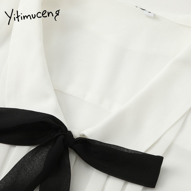 Yitimuceng-Blusa de encaje con lazo para mujer, camisa de manga acampanada con botones, lisa, blanca, moda coreana, Tops con cuello vuelto, primavera 2021