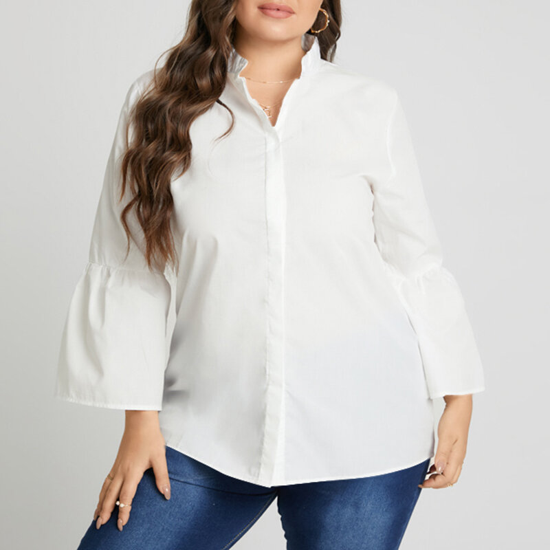VONDA Plus Size Dress Autumn Women Blouse White Shirt  Flare Sleeve Tops Sexy V Neck Button Up Elegant Office Shirts Blusa