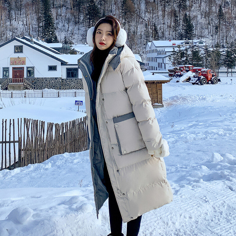2022 New Winter Long Coat Women Korean Style Loose Mid-length Over-knee Winter Down Padded Coat