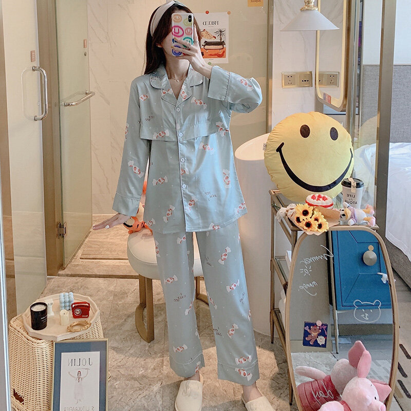 Pregnant Pajamas Women's Spring and Autumn Green Long-Sleeved Ice Silk Confinement Clothing Postpartum Nursing Homewear