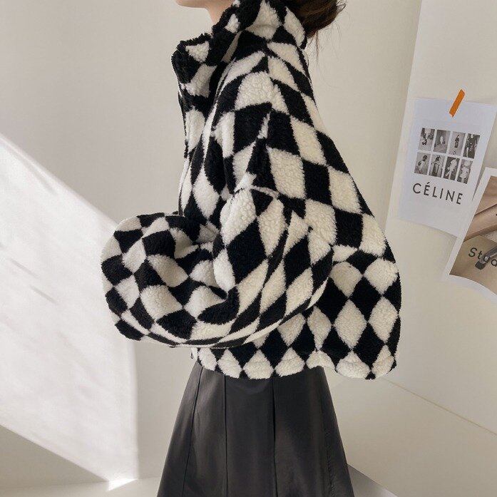Cordeiro cashmere gola alta rhombic cor correspondência zíper clipe algodão acolchoado casaco feminino jaqueta feminina manga longa tops 659f