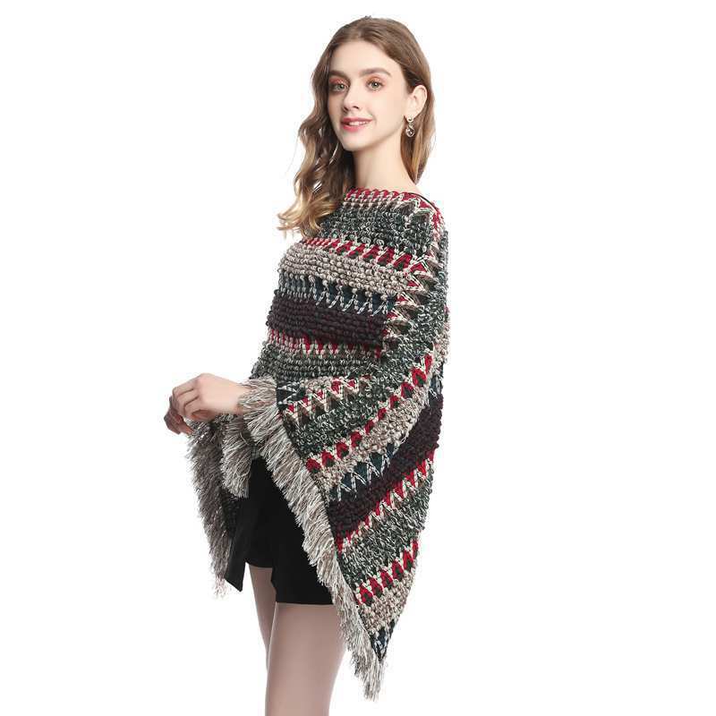 SuperAen Spring Autumn Hooded Cape Shawl National Tassel Knitted Plus Size Loose Smock Cloak Top