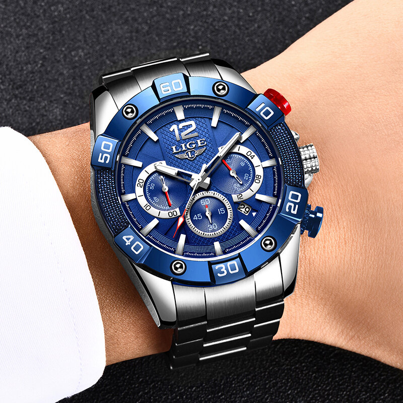 Nowe zegarki ze stali nierdzewnej LIGE męskie sportowe wodoodporny chronograf świecący Top marka luksusowy zegarek kwarcowy mężczyzn Relogio Masculino