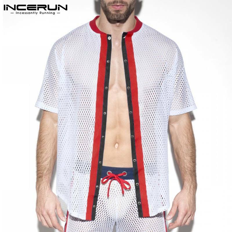 INCERUN بلايز 2021 جديد الرجال بلوزة عادية الشارع الشهير مخطط Camisetas شبكة مستديرة الرقبة مريحة زر قمصان الموضة S-5XL