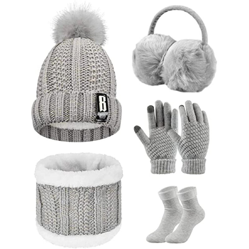 ผู้หญิงฤดูหนาวถักหมวกและชุดผ้าพันคอฤดูหนาวถุงมือถุงเท้าและ Earmuffs ร้อนกลางแจ้งชุด NYZ Shop