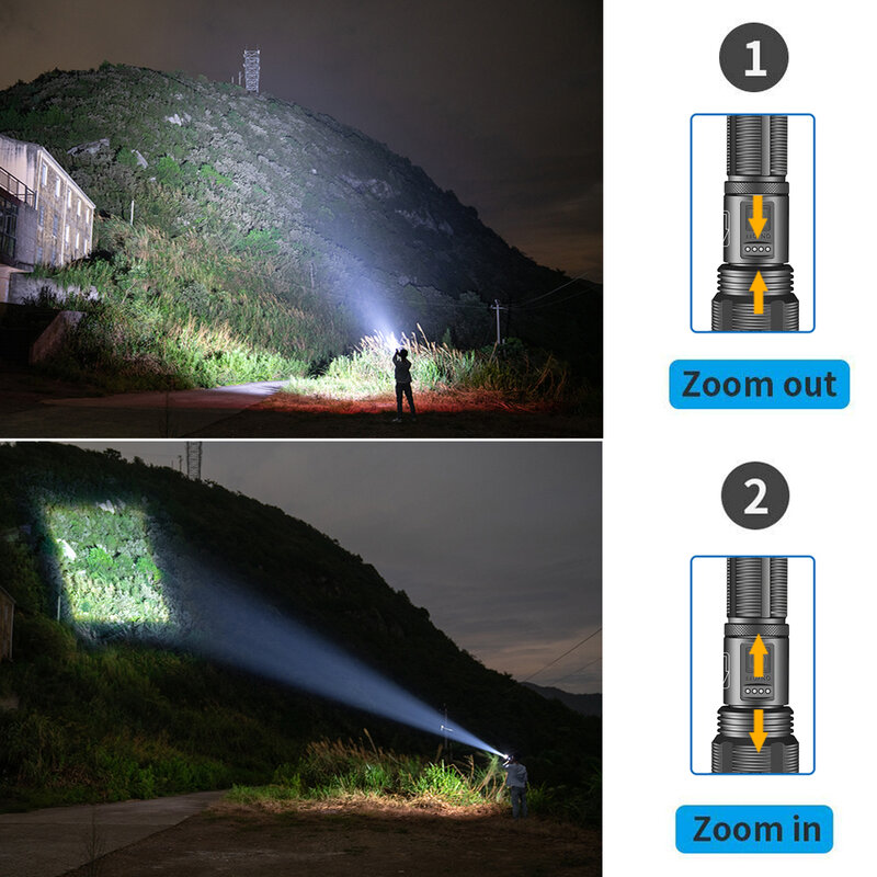 4コアP70.2 led懐中電灯超高輝度屋外冒険ライトバッテリーディスプレイ5照明モードハイキング、キャンプ、など。