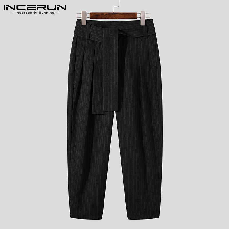 Nowe męskie modne spodnie z wysokim stanem w paski Pantalons odzież na zewnątrz casualowe w stylu Streetwear luźne sznurowanie spodnie S-5XL INCERUN 2021