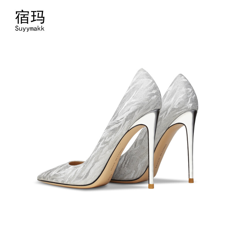 Real Leather Shoes Women High Heels Glitter  Shallow Pumps Pointed Toe Thin Heel Stilettos Sexy Ladies Wedding Shoes Big 34-41