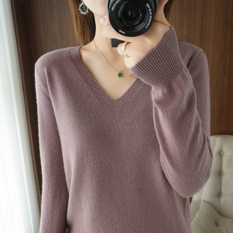 Caldo scollo a v da donna autunno/inverno primavera nuovo maglione di Cashmere maglione Pullover moda coreano a maniche lunghe sciolto Top Casual