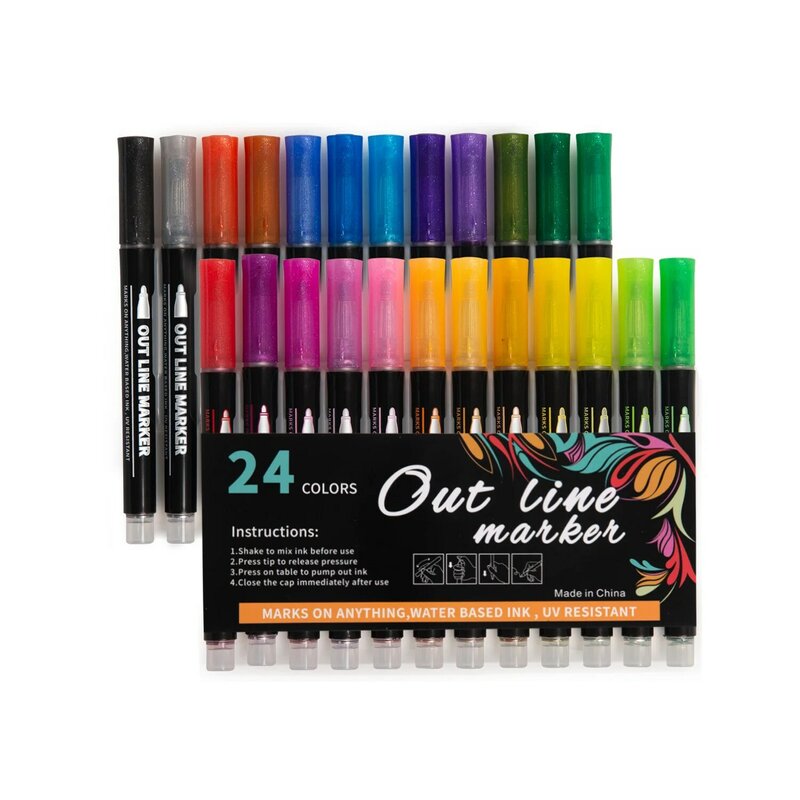 24 cores/conjunto esboço tinta marcador caneta linha dupla caneta diy álbum de fotos scrapbook fantasia metal marcador caneta flash desenho pintura