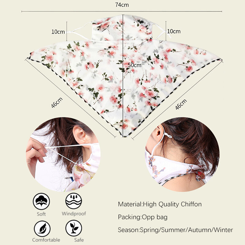 Kobiety szyfonowa maska szalik twarz Mascarillas okłady kwiatowy Print Lady jedwabne szaliki Foulard chustka wielokrotnego użytku maski Sun Protect