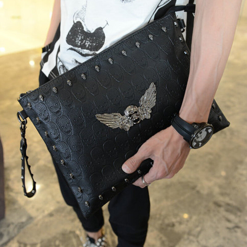 Bolso de mano de diseador para hombre, cartera masculina de lujo con remaches, en color 흑인 y Cartera de hombre