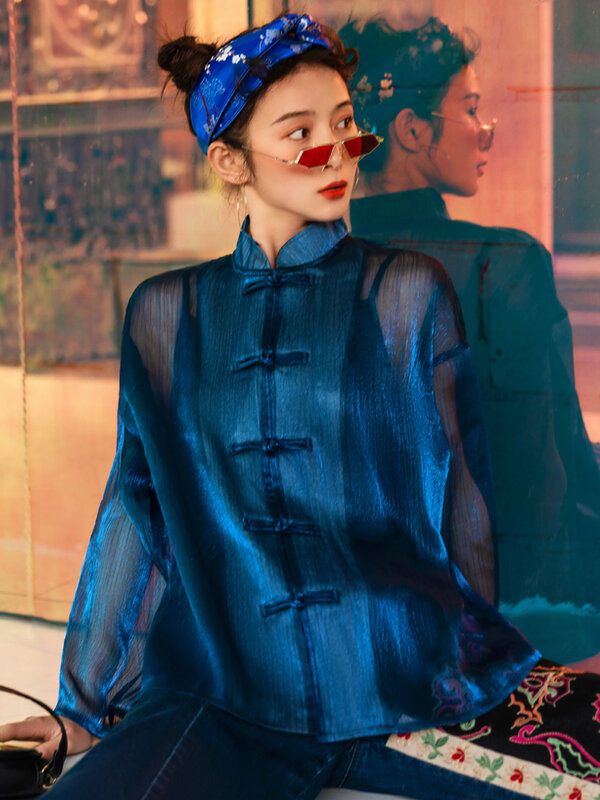 새로운 중국 여성의 스탠드 칼라 재킷 중국 스타일 느슨한 가벼운 코트 봄