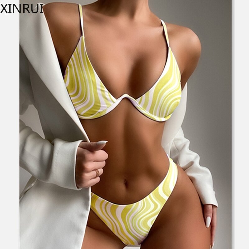 Beugel Bikini Vrouwen V-Bar Badpak Vrouwelijke Gestreepte Print Badmode 2021 Sexy Bikini Set Bader Badpakken Zomer Strand dragen