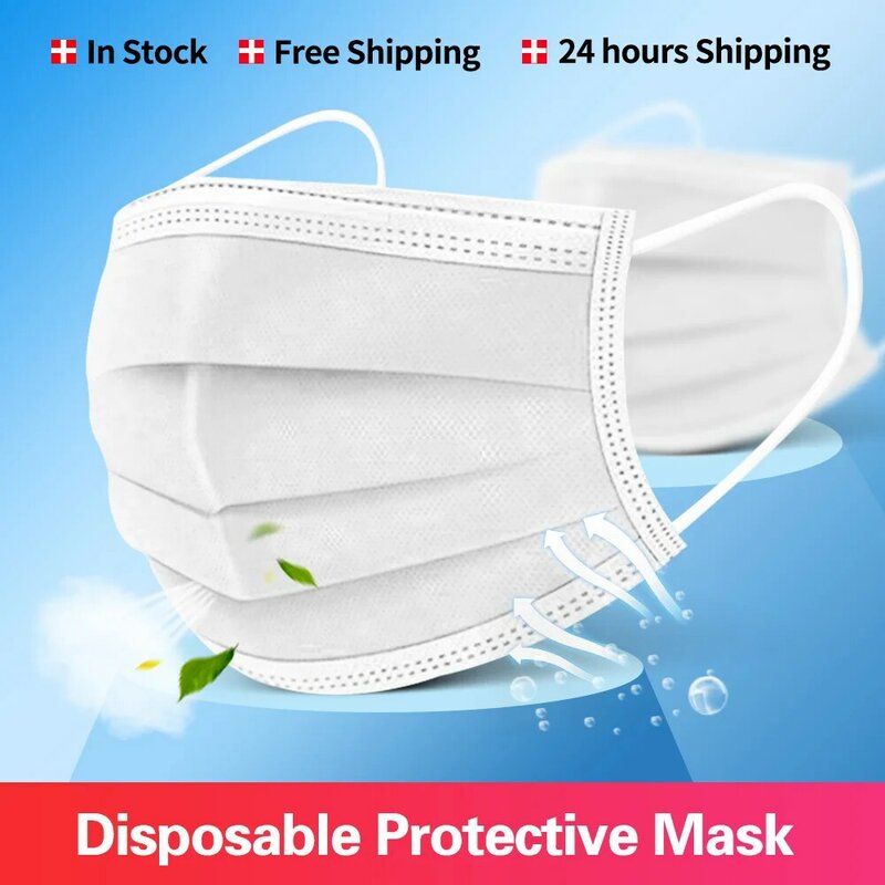 100pcs Masks White 3 Layer Anti Dust Mouth Face Mask Non Woven Disposable Mascherine filter safe Breathable Protective masks
