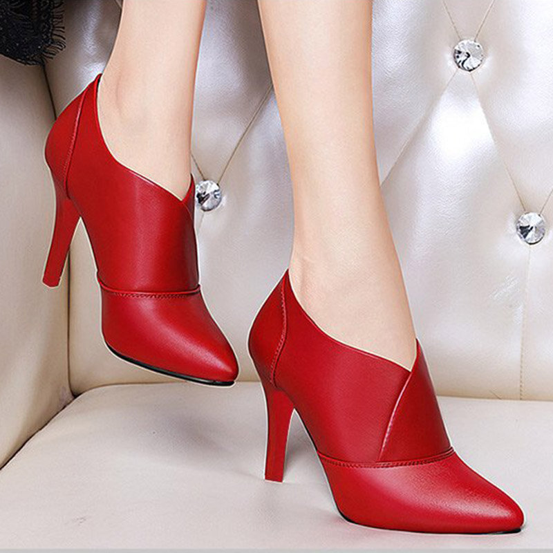 Botas Mujer – escarpins à talons hauts et fins pour femme, chaussures habillées à bout pointu, noires, rouges, N7862, hiver 2020