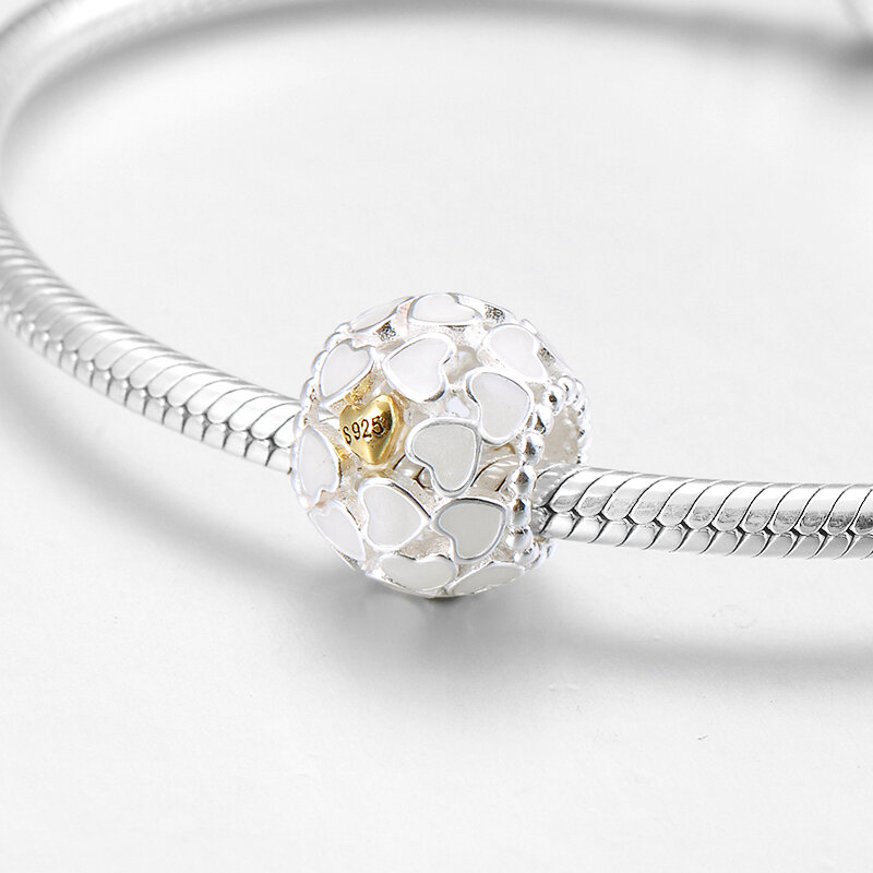 100% prawdziwe 925 srebro drążą białe serce grzywny emalia koraliki DIY Fit oryginalny Pandora Charms bransoletka tworzenia biżuterii