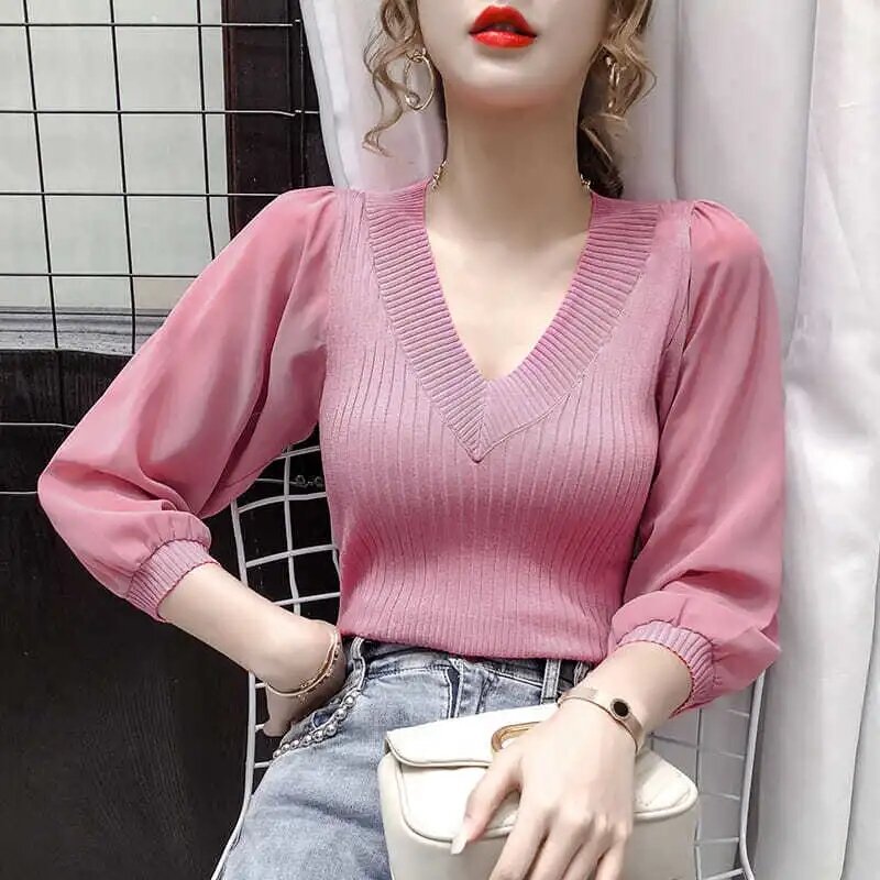 女性用長袖シルクTシャツ,韓国風,Vネック,秋用