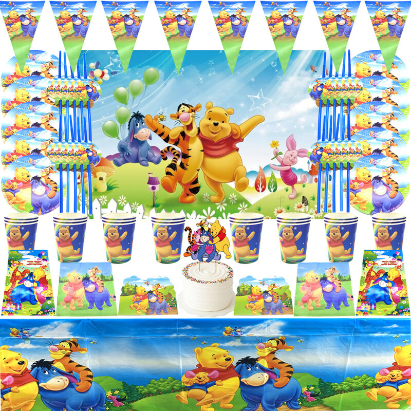 Vaisselle jetable à thème de personnages de dessin animé Disney Winnie l'ourson, fond de ballon, fournitures d'anniversaire pour enfants, décoration de fête