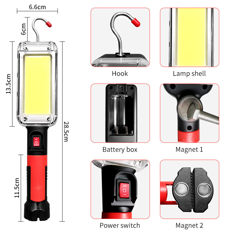 Powerful Flashlight 18650 Torch USB Rechargeable COB Work Light with Magnet Hook Camping Tent Work Maintenance Lantern LED Torch