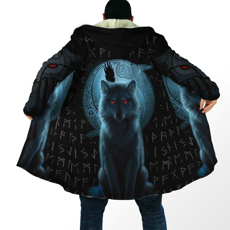 The latest winter men's cloak beautiful animal love wolf 3D printing full fleece hooded jacket unisex thick warm cloak jacket