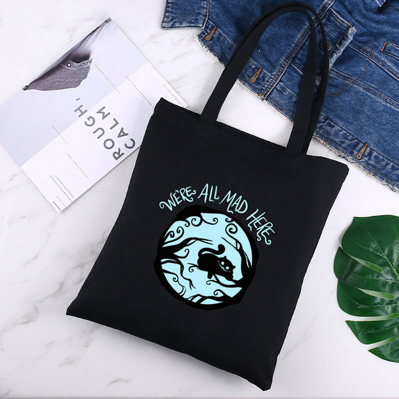 Bolso de compras gráfico de aventura bizarre para mujer, bolsa de lona, bolsas de hombro de dibujos animados ecológico, color negro