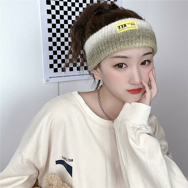 2021 머리띠 거리 머리 장식 한국어 버전 사계절 니트 양모 그라디언트 머리띠 문자 라벨
