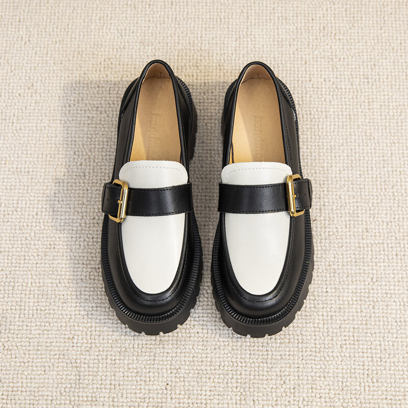 Chaussures en cuir véritable pour femmes, chaussures à pédales à semelle épaisse, décontractées et paresseuses, de Style collégien britannique, nouvelle collection printemps 2022