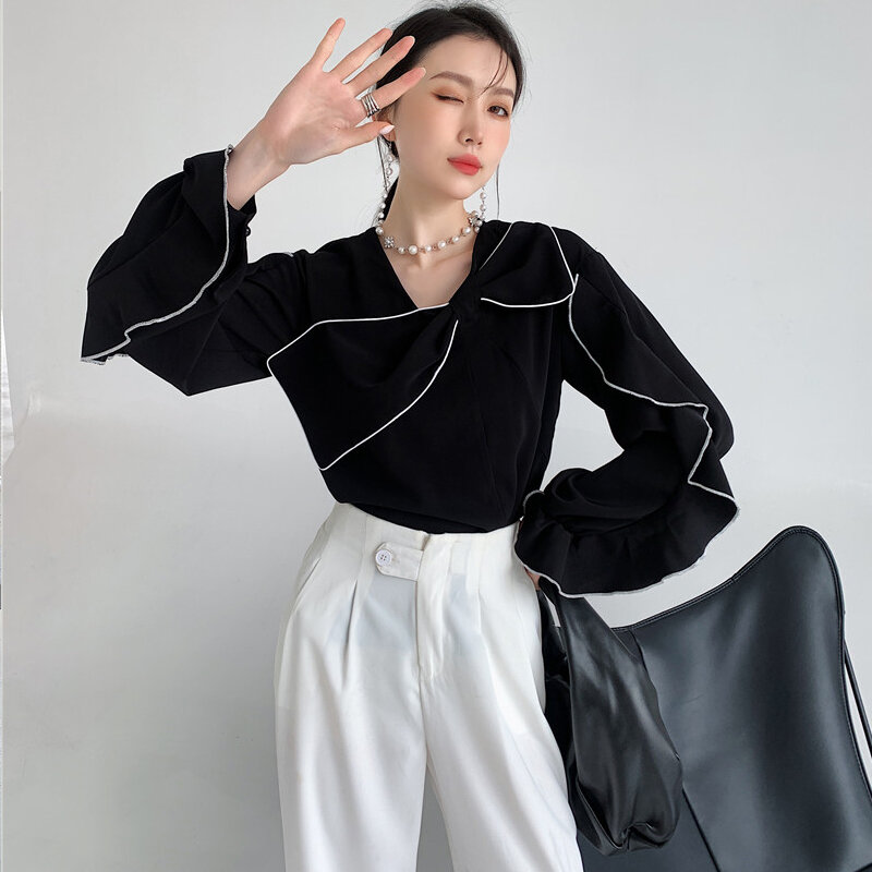 Primavera novo arco plissado blusas femininas preto camisa de manga longa senhoras casual coreano moda topo feminino