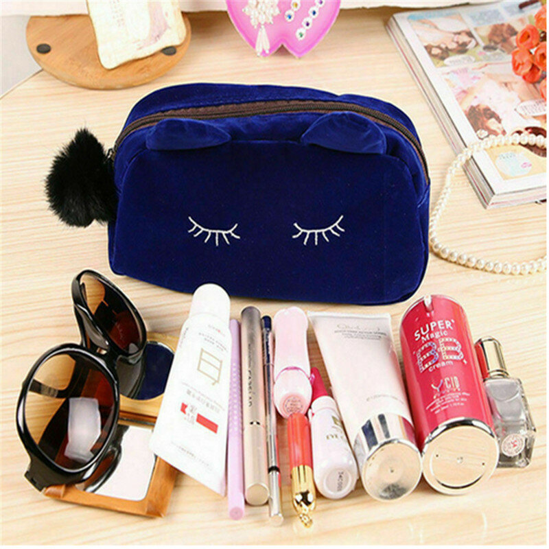 2021 lindo de pequeñas bolsas de cosméticos mujeres maquillaje de gato de dibujos animados de almacenamiento de bolsas de viaje organizador bolsa de lápiz bolsas