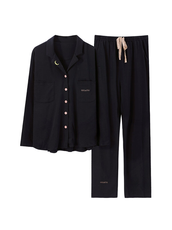 Atuendo Lente Mode Zwarte Pyjama Sets Voor Vrouwen 100% Katoen Pjs Casual Satijn Zachte Nachtkleding Herfst Atoff Thuis Zijde Nachtkleding