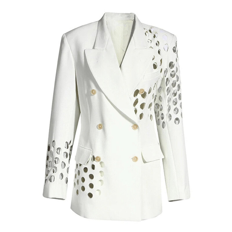 Blazer blanco calado con doble botonadura para mujer, chaqueta ajustada de manga larga con solapa, moda informal para mujer, ropa de otoño 2021
