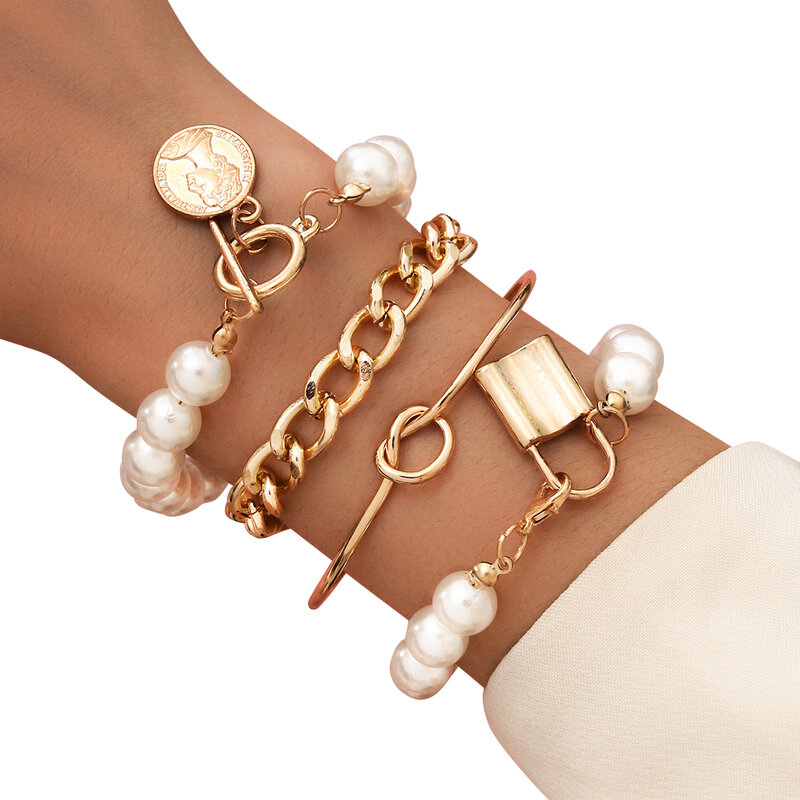 KMVEXO – Bracelets punk gothique avec imitation de perles pour femme, bijoux style d'or, avec design de nœud, fleur et pièce de monnaie, à la mode 2020