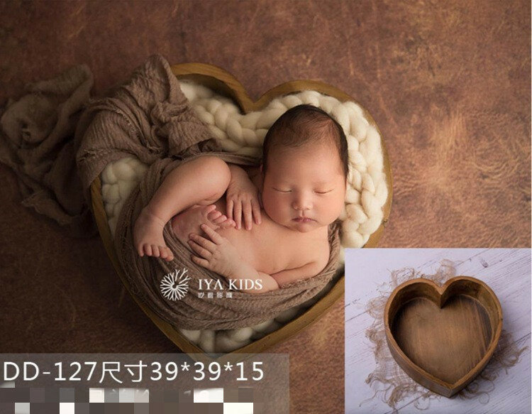 Coração tigela fotografia recém-nascido adereços de madeira bacia lua cheia forma do coração caixa bebês pose auxiliar foto cesta tiro
