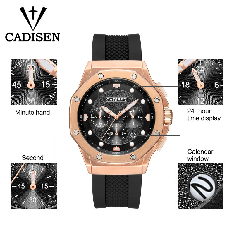 Часы наручные CADISEN мужские с хронографом, Спортивные кварцевые армейские в стиле милитари, с силиконовым ремешком