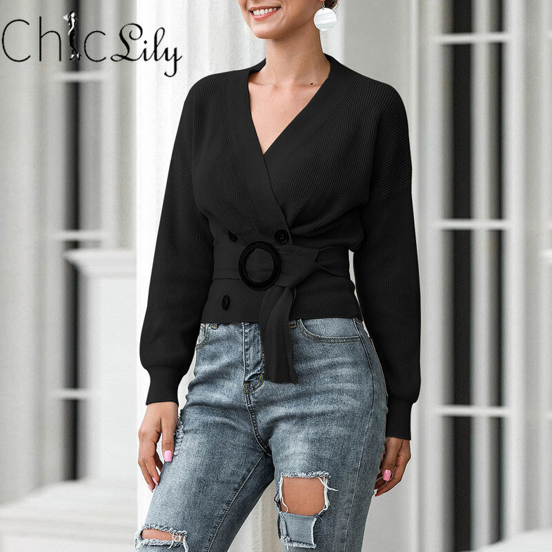 Chiclily-Jersey informal con doble botonadura para mujer, Jersey de punto de manga larga, suéteres, Tops de otoño e invierno
