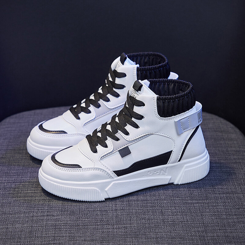 Sepatu Sneakers Wanita Baru Musim Semi Platform High Top, Putih, Sepatu Vulkanisasi HITAM. Sepatu Kets Kasual Anti-selip Nyaman, Sepatu Kawaii