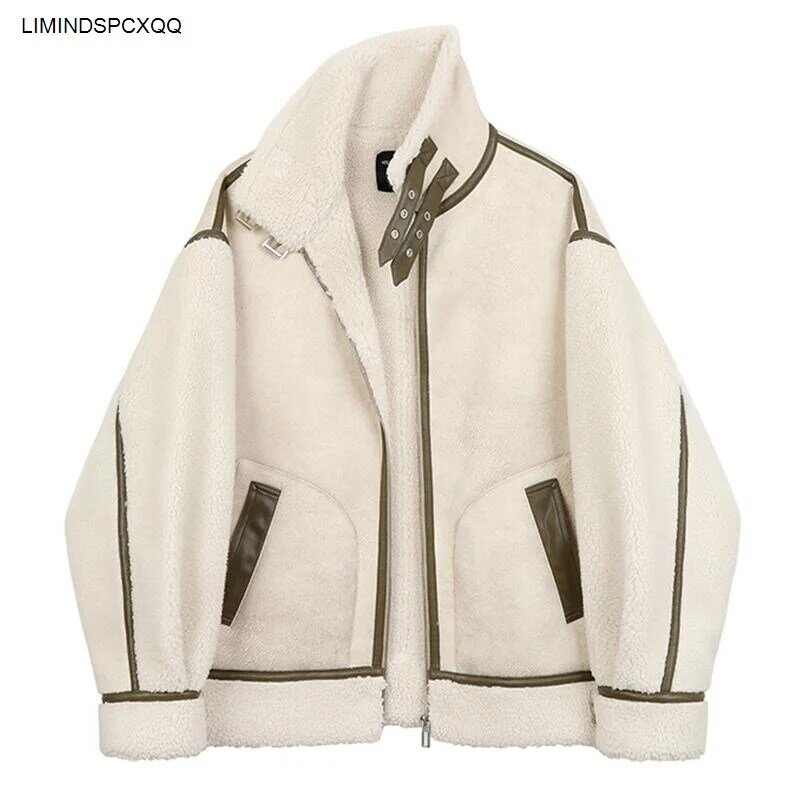 Jaqueta de cordeiro para mulheres, lã de cordeiro falso, casaco de couro solto, gola de pele quente e grossa, colarinho, inverno