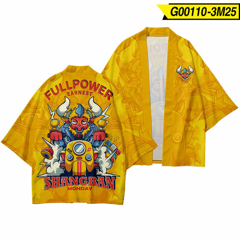 Camisa de quimono de impressão amarela dos homens do traje de streetwear da camisa do quimono dos homens