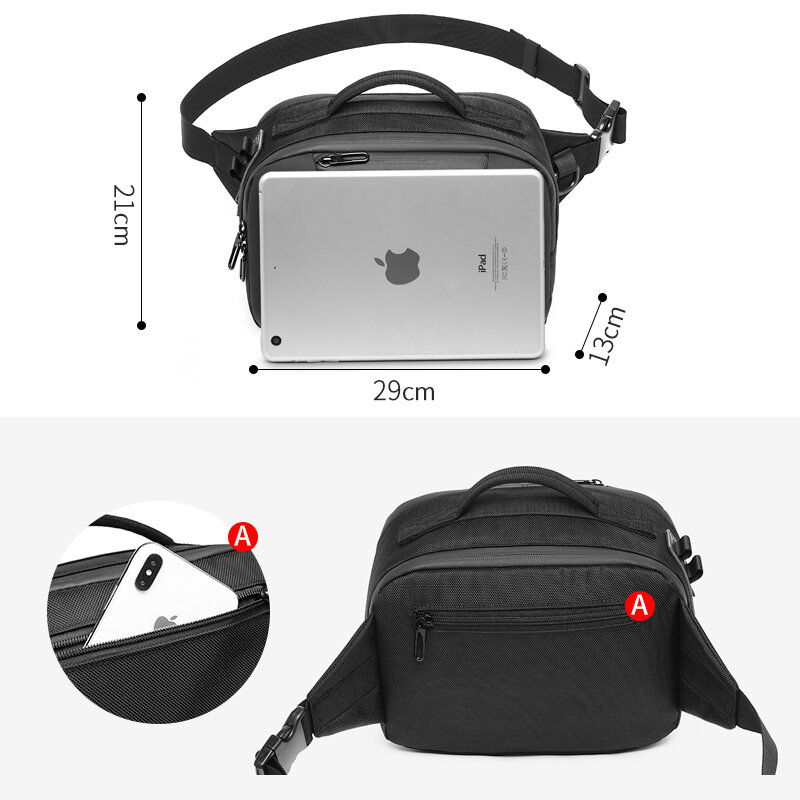 OZUKO-다기능 방수 허리 가방, 남성 USB 크로스 바디 벨트 가방, 작은 전화 파우치 가방, 남성 짧은 여행 가슴 패니 팩