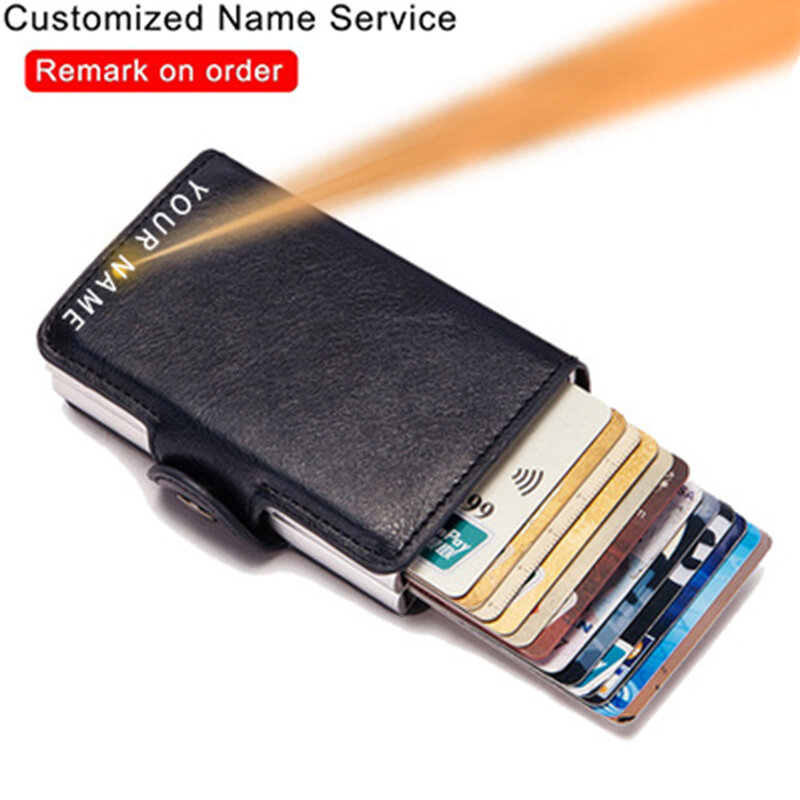 Carteira em couro masculina com tecnologia rfid, com compartimentos para documento de identidade, porta-cartão em alumínio para cartões bancários, de crédito, com bloqueio e proteção aos dados