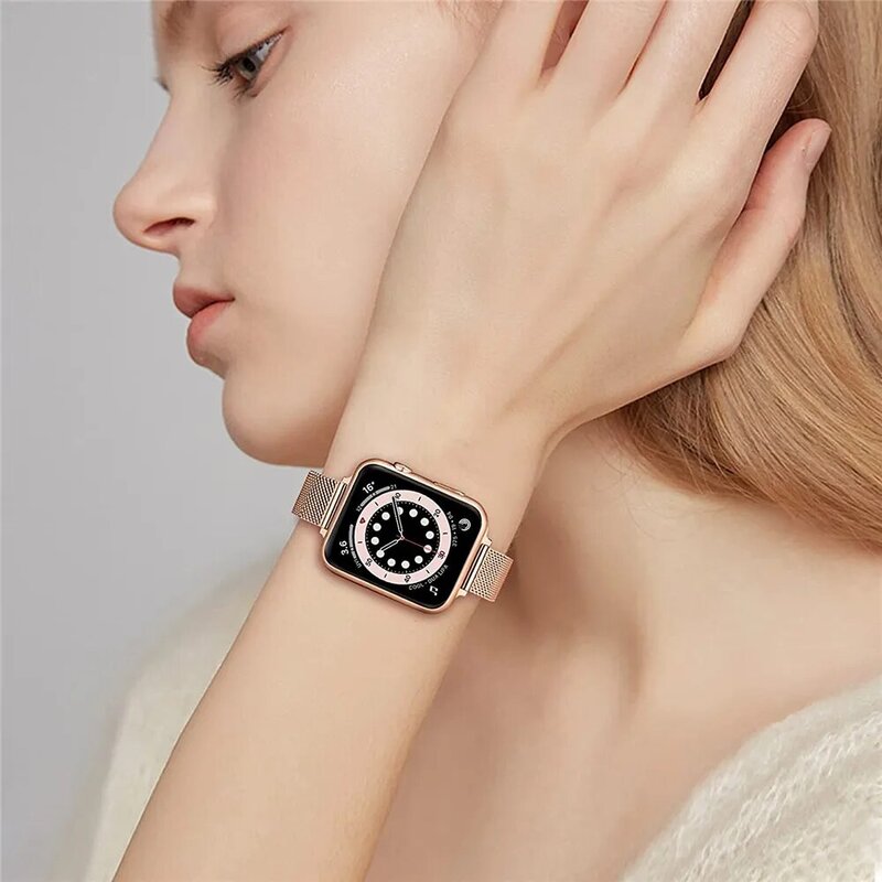 Pulseira de malha fina feminina para apple watch band 41mm 40mm 38mm 45mm 44mm 42mm aço inoxidável pulseira para iwatch 7 6 5 4 3 2 se