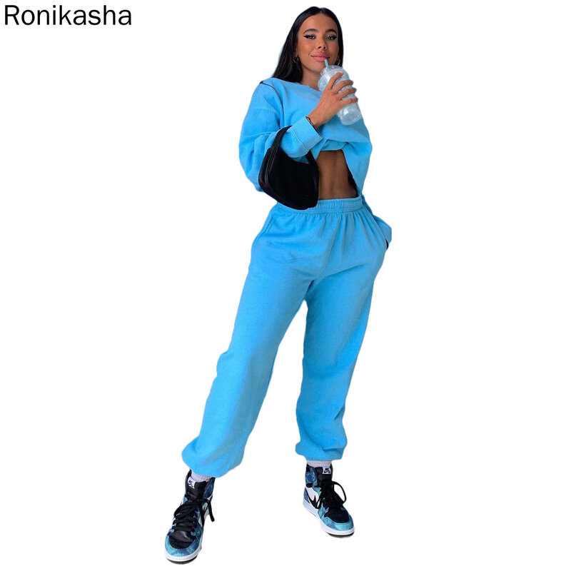 Ronikasha 2 peça define roupas das mulheres agasalho sólido manga longa colheita topos + joggers calças terno sportwear outono conjunto de correspondência
