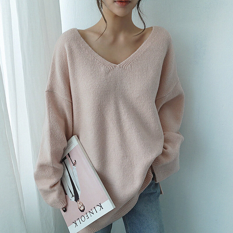 Knitwear V-neck Sweater Women 2021 Autumn Winter Elegant Loose Long-sleeve Sweater Solid Tops Simple Casual Jumper Women 15919