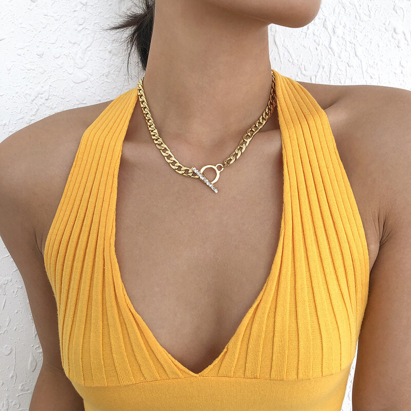 Hip Hop Punk Chains Necklace OT Buckle Geometric Micro-Inlaid Clavicle Chain Retro Personality Thick Chain Necklace Wholesale
