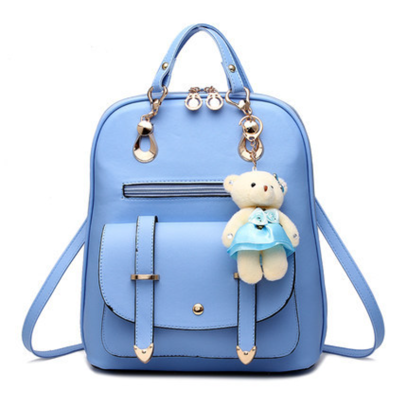 Solid Color Girls Fashion Cartoon Cute Backpack Various Colors PU Leather Bear Pendant New Women Backpack with Bear Pendant
