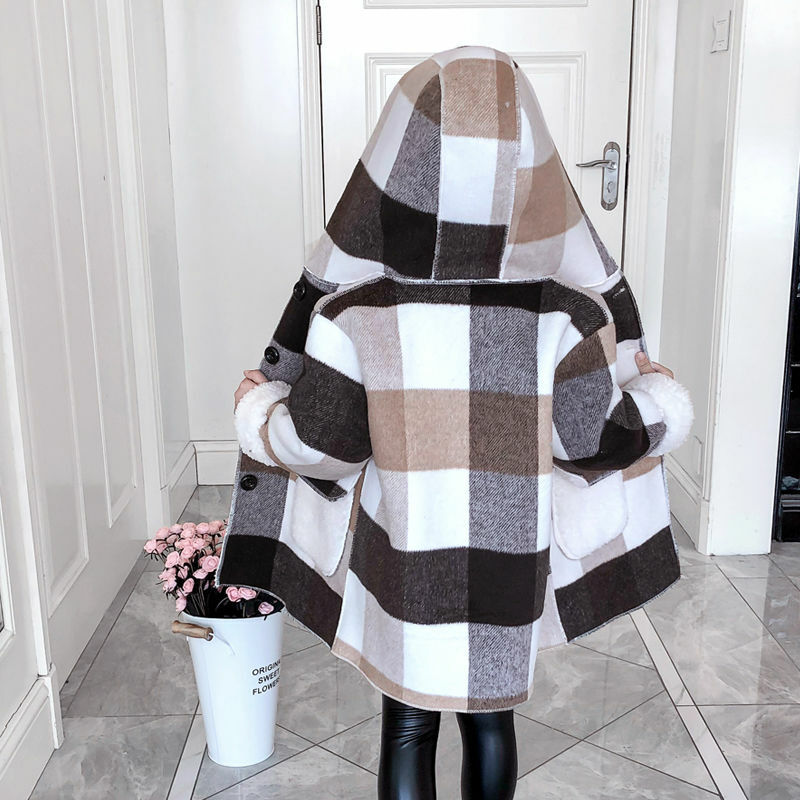 Mudipanda outono inverno meninas casaco moda seção longa menina xadrez grosso cordeiro casaco de lã crianças casaco de lã 2020 novo